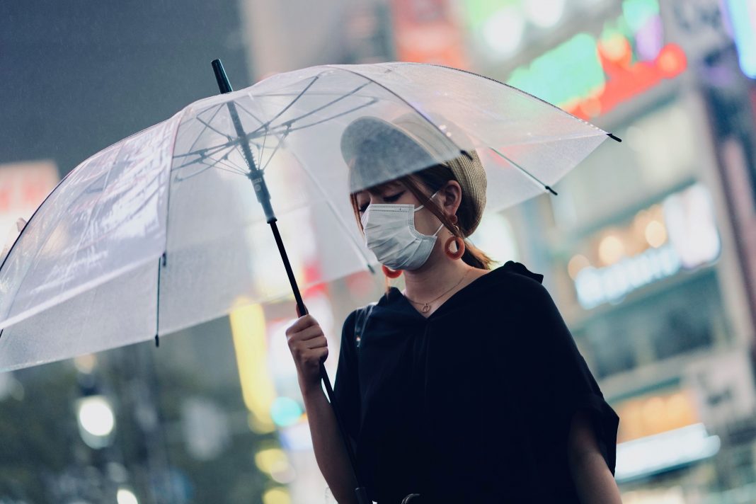 Woman with protective mask and umbrella